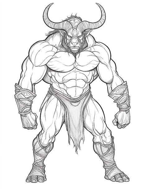 The might of the minotaur is an awe-inspiring spectacle. Towering over most creatures with its massive, heavily muscled body, this mythical beast possesses the head of a bull, complete with sharp, curling horns that signify both its power and ferocity. Yet, beyond its fearsome exterior, there exists a unique complexity—a creature born of legend and myth, its might both a symbol of raw power and a testament to the mysteries of the labyrinthine soul within. Minotaur Tattoo Design, Minotaur Drawing, Mythical Beasts, Minotaur Art Drawing, Half Minotaur Character Design, Minotaur Art, Bull Head Drawing, Minotaur Sketch, White Minotaur Dnd