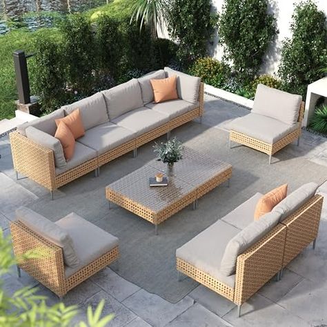 Amazon.com: Grand patio 9-Piece Patio Furniture Set with 47" Fire Pit Table, Outdoor Conversation Set & 50,000 BTU 47 Inch Rectangle Propane Fire Pit & Storage Box with Water Resistant Thick Cushions, Beige : Patio, Lawn & Garden Beige Patio, Outside Fire Pits, Modular Sofa Design, Patio Layout, Wicker Patio Furniture Set, Boho Patio, Boho Outdoor, Outdoor Conversation Sets, Patio Sofa Set