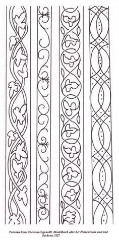 Simple Embroidery Templates, Embroidery Patterns Drawing, Embroidered Border Design, Blackwork Borders, Medieval Embroidery Patterns, Pretty Borders, Bordado Jacobean, Border Motifs, Viking Embroidery