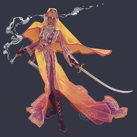 Sun Cleric, Indian Character, Desert Clothing Concept Art, Desert Fantasy Clothing, Sun Clothes, Romani Character Design, Fantasy Priestess, Desert Outfit Fantasy Art, Sun Inspired Outfit