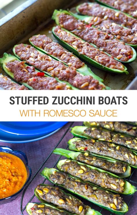 Lamb Stuffed Zucchini Boats with Romesco Sauce Paleo Primal Diet, Stuffed Zucchini Boats, Primal Diet, Verde Sauce, Light Dinner Recipes, Romesco Sauce, Whole30 Keto, Stuffed Zucchini, Zucchini Boats