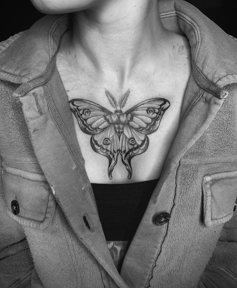 Black Luna Moth Tattoo, Lunar Moth Chest Tattoo Female, Moth Tattoo Chest Woman, Moth Collar Bone Tattoo, Luna Moth Tattoo Design Black And White, Luna Moth Chest Tattoo Female, Lunar Moth Chest Tattoo, Moth Tattoo On Chest, Luna Moth Chest Tattoo