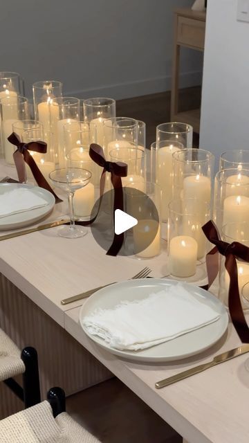 Venue Report on Instagram: "This simple styling DIY will look good in ANY venue setting or holiday dinner table this season. 🎀🕯️✨ 

Materials Needed:
- pillar candles (these particular ones are from @yummicandles) 
- hurricane/cylinder vases that can be bought in bulk on sites like Amazon 
- any ribbon 
- gorilla glue tape for velvet ribbon or regular tape for silk ribbon 

Tablescape by @alebrontsema" Diy Will, Holiday Dinner Table, Gorilla Glue, Glue Tape, Cylinder Vase, Holiday Dinner, Velvet Ribbon, Silk Ribbon, Dinner Table