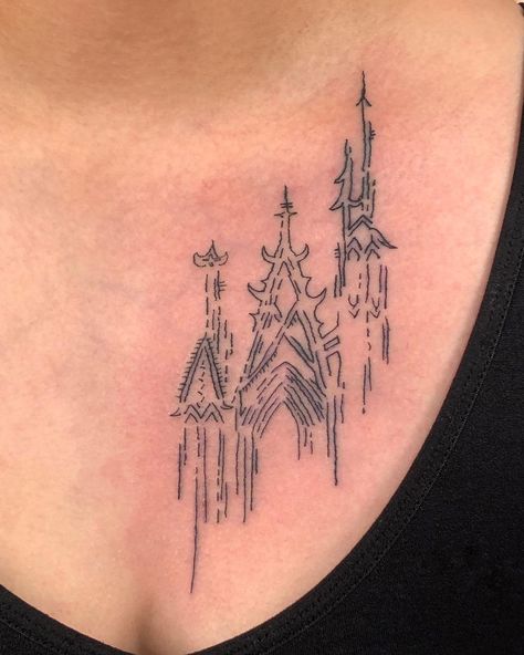 Castles Tattoo, Historical Tattoos Ideas, Tattoo Castle, Architectural Tattoos, Fortress Tattoo, Prague Tattoo Ideas, Simple Castle Tattoo, Castle Tattoos, Eurotrash Tattoo