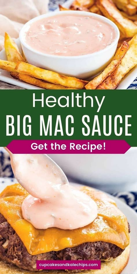 Healthy Burger Sauce - this copycat Big Mac Sauce is made with Greek yogurt instead of mayo! But it's creamy, sweet, and tangy, just like classic "Special Sauce". Use it as a topping or dip for French fries, veggies, and more, or drizzle it on burgers, eggs, and everything you love! Just 5 ingredients! Healthy Burger Sauce, Easy Big Mac Sauce, Healthy Big Mac Sauce, Dip For French Fries, Healthy Big Mac, Copycat Big Mac Sauce, Copycat Big Mac, Homemade Big Mac Sauce, Hamburger Sauce