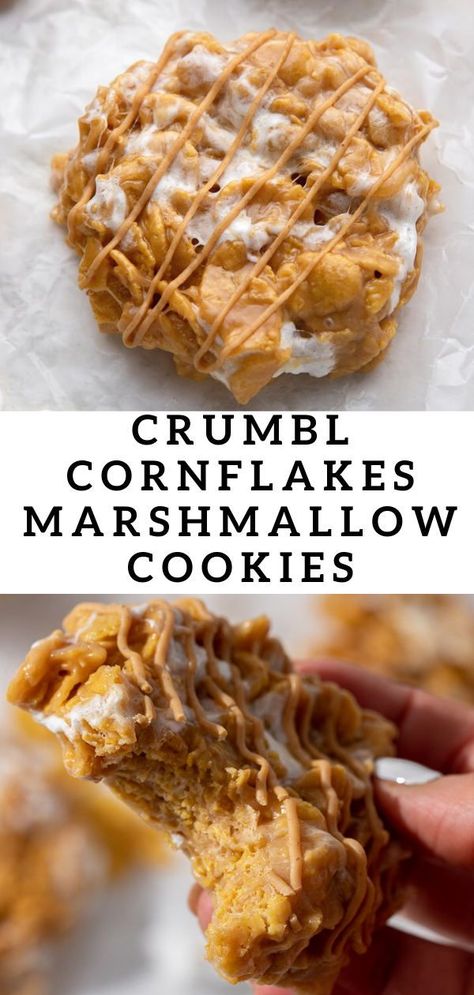 These Crumbl No-bake marshmallow peanut butter cornflake cookies are easy, low-effort, no-bake sweet treats that you can make for those weeknight sweet cravings or for big holidays like Christmas, Thanksgiving, and Easter! Cornflake Crumble Topping, Recipes Using Cornflakes, Angel Flake Cookies, No Bake Bake Sale Treats, Cornflakes And Marshmallows, Cute Christmas Treats Easy, Cornflake Marshmallow Treats, Corn Flakes Treats, Cute Thanksgiving Desserts Easy