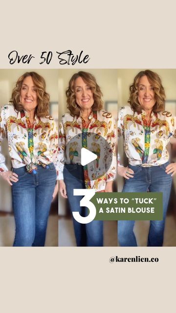 Karen Lien - Over 50 Makeup + Lifestyle on Instagram: "Tired of trying to tuck in your blouses & ready to say “oh tuck” it! Save this to try these 3 ways to tuck or tie a longer hemmed button up shirt! 1.Crisscross Wrap Ends - unbutton bottom 3 buttons, crisscross the ends and tuck each end into the first belt loop, twist the button hole side, roll ends in front and back under and adjust. 2.One side in One side out - unbutton bottom 2 or 3 buttons, tuck just one side into front of pants, lea How To Tie A Bottom Up Shirt, Front Tuck Button Up Shirt, Tied Shirt, Front Tuck, Midlife Women, Big Shirt, Shirt Tucked In, Satin Blouse, Button Shirt