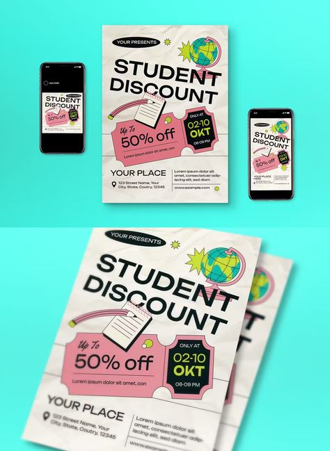 Ivory Modern Student Discount Flyer Set AI, PSD Student Discount Poster, Student Posters, Discount Design, Mail Marketing, Boho Design, Student Discounts, Email Campaign, Boho Designs, Print Templates