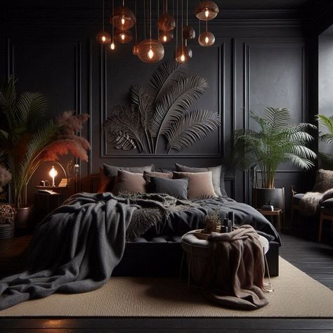 Dark Cozy Bedroom Dark Walls And Ceiling Bedroom, Cosy Romantic Bedroom, Oversized Bedroom Ideas, Dark Bedroom Bedding Ideas, Dark And Romantic Bedroom, Dark Bedroom Cozy, Dark French Country Bedroom, Neutral Cozy Bedroom Ideas, Dark Moody Master Bed