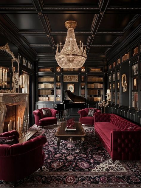 Gothic Architecture Living Room, Dark Georgian Interiors, Dark Academia Piano Room, Dark Academia Aesthetic Basement, Moody Luxury Living Room, Dark Academia Flooring, Vintage Academia Aesthetic Room, Dark Piano Room, Moody Piano Room