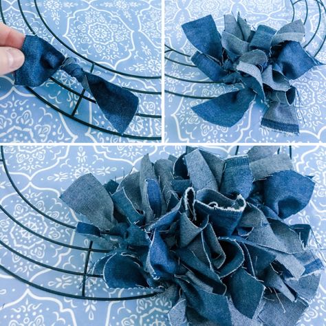 DIY Denim Doggie Rag Wreath Denim Rag Wreath Diy, Jean Wreath Recycled Denim, Denim Wreath Ideas, Blue Jean Wreath Ideas, Blue Jean Wreath Diy, Denim Wreath Diy, Recycled Wreaths Ideas, Denim Rag Wreath, Blue Jean Wreath