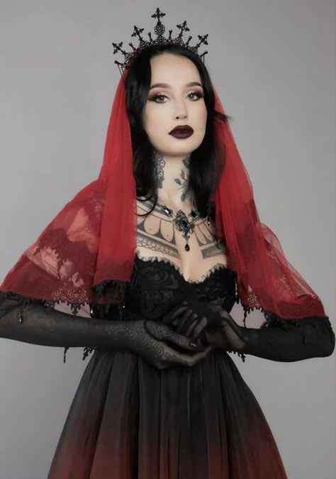 Dark Gothic Wedding, Haunted Wedding, Goth Bride, Gothic Wedding Theme, Vampire Wedding, Red Veil, Sheer Veil, Vampire Bride, Gothic Bride