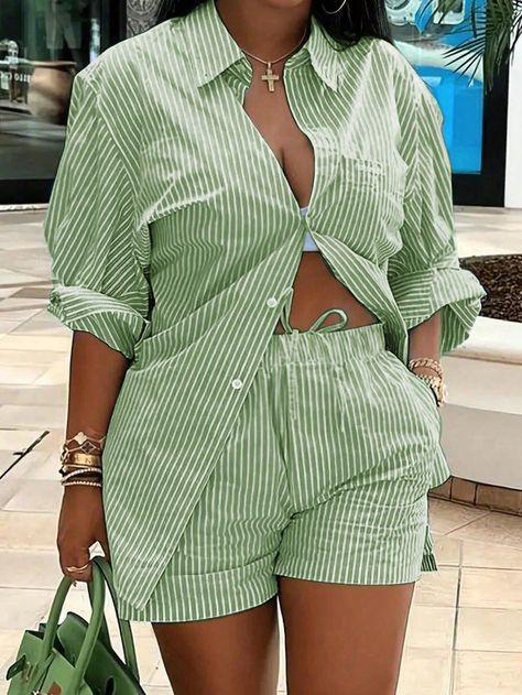 Plus Size Striped Button Front Long Sleeve Shirt And Shorts Set PlusSizeSummerStyle #summervivibes #plussizefashionista #ootd #plussizequeen #plussize #summerfashion. https://whispers-in-the-wind.com/the-ultimate-plus-size-outfit-guide-summer-in-style/?537 2 Pieces Outfits For Women, Casual Two Piece Outfits, Plus Size Shorts Outfit, 2 Pieces Outfits, Pieces Outfits, Green Two Piece, 2piece Outfits, Two Piece Outfits, Striped Two Piece