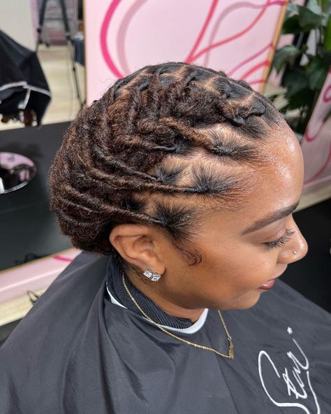 Cute ☺️ loc style ✨ book appointment now www.NappStar.com #locs #locstylesforwomen | Instagram Loc Work Styles, Ladies Locs Hairstyles, Halo Loc Styles, Loc Crown Style, Long Loc Styles Women Updo, Professional Loc Styles For Women, Future Dreads, Loc Styles For Short Locs, Elegant Loc Styles