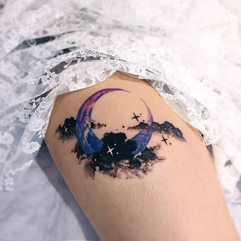 32 Moon Tattoo Ideas and Designs - 100 Tattoos Purple Moon Tattoo, Night Sky Tattoo, Night Sky Tattoos, Sky Tattoo, Sky Tattoos, Night Tattoo, 100 Tattoo, Moon Tattoos, Galaxy Tattoo