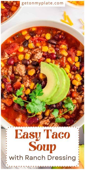 This Easy Taco Soup with Ranch Dressing will be a huge hit with your whole family! Ground beef, tomatoes, and taco and ranch seasonings are all simmered to perfection, then served with all of your favorite taco toppings! This easy taco soup recipe can be made in the crockpot or (quickly!) on the stovetop and it’s freezer-friendly and perfect for meal preps! Taco Soup With Ranch Packet, Taco Soup With Ranch, Taco Soup Ranch, Taco Soup Recipe Crockpot, Healthy Stew Recipes, Best Stew Recipe, Easy Taco Soup Recipe, Taco Soup Recipe Easy, Healthy Taco