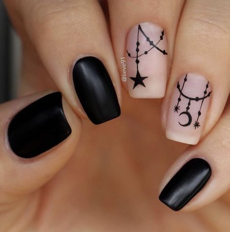 Cute Moon Nail Designs, Short Gothic Acrylic Nails, Short Nail Designs Witchy, Witchy Nail Art Short Nails, Nail New Years Designs, Almond Nails Moon Design, Goth Gel Nail Designs, Grey Burgundy Nails, Cute Short Goth Nails