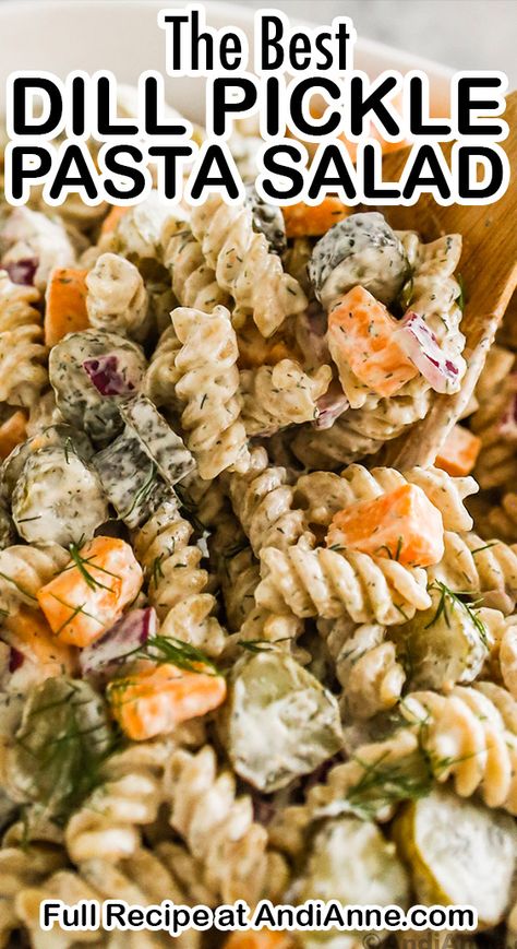 Quick Easy Summer Dinners, Easy Cold Pasta Salad, Pickle Salad, Pickle Pasta Salad, Pickle Pasta, Dill Pickle Pasta Salad, Quinoa Pasta, Dill Dressing, Spicy Pickles