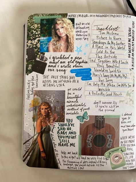 Taylor Swift Debut Journal, Taylor Swift Debut Drawing, Eras Tour Journal, Taylor Swift Sketchbook, Album Journal Page, Taylor Swift Journal Ideas, Taylor Swift Scrapbook, Taylor Swift Journal, Song Diary