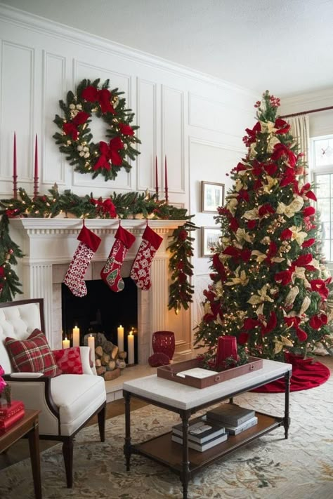 Red White And Gold Christmas Decor Living Room, Traditional Xmas Decorations, Red Gold And White Christmas Decor, White Gold And Red Christmas Decor, Red Christmas Decorations Ideas, Christmas Traditional Decor, Red Xmas Decor, Red Christmas Decor Living Rooms, Traditional Red Christmas Decor