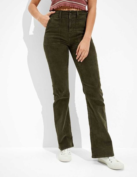 AE Corduroy Super High-Waisted Flare Pant Hippie Flare Pants, Flare Corduroy Pants, High Waisted Flare Pants, Khaki Chino Pants, Green Side, Navy Blue Pants, Flare Pant, High Waisted Flares, Flare Leg Pants