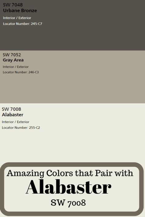 Because Sherwin Williams Alabaster has the perfect combination of warm and cool neutral undertones, you can use this perfect paint color virtually anywhere.#painting #home #paintcolors #homedecor Bone And Stone Paint, Sherwin Williams Tony Taupe Color Scheme, Beige Metal Roof Exterior Colors, Urban Bronze Shiplap Wall, Sw Naval Paint Color Palettes Exterior, Neutral Home Exterior Colors, Sherwin Williams Paint Colors Alabaster, House Paint Exterior Sherwin Williams, Sw Urban Bronze Front Door