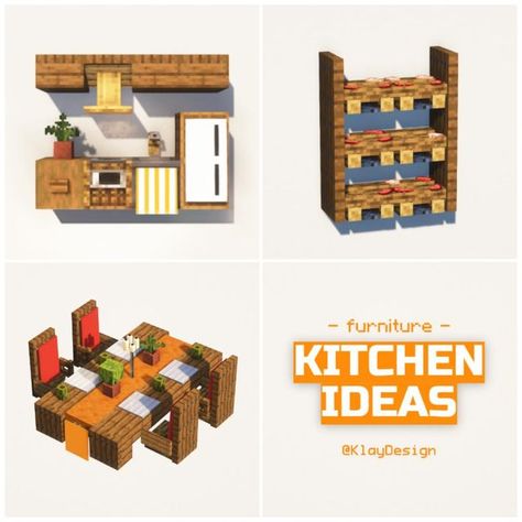 KlayDesign • Minecraft Builder on Instagram: "KITCHEN IDEAS 🧑‍🍳🍳 Hii! Check out these three kitchen furniture ideas I built last night! The dining table turned out so cute! Let me know what’s your favorite! 😌🙌 ——————————————— ⁃ 🪴 Follow @klay.design_mc for more! ⁃ 💬 Lemme know your thoughts! ⁃ 🙌 Complementary Shaders ⁃ 🍳 Repost with credits only! ——————————————— #minecraft #minecrafthouse #minecraftbuildings #minecraftbuilds #minecraftideas #minecraftdesigns #minecraftinspiration #minecraftbase #minecraftbuild #minecraftsurvival #minecraftkitchen #kitchen" Minecraft Kitchen Cabinets, Minecraft Kitchen Ideas Aesthetic, Minecraft Building Ideas Kitchen, Dining Table Minecraft, Minecraft Dinner Table, Kitchen Minecraft Ideas, Minecraft Dining Table, Minecraft Table Ideas, Minecraft Dining Room