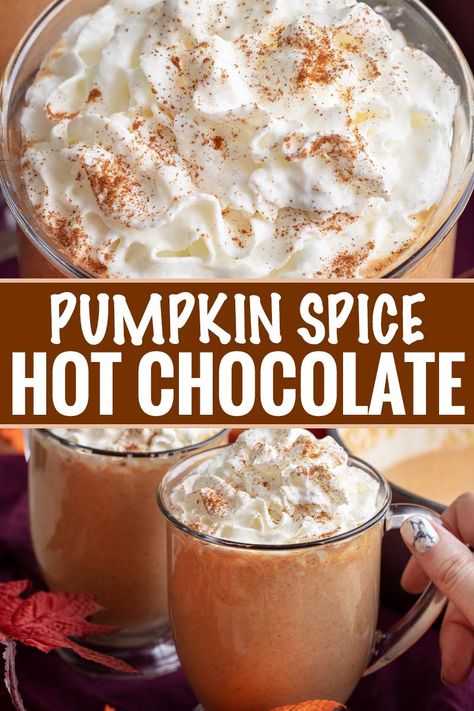 Pie In A Mug, Pumpkin Spice Hot Chocolate, Spice Hot Chocolate, Pumpkin Hot Chocolate, Chunky Chef, Hot Drinks Recipes, Spiced Drinks, Pumpkin Spice Recipe, Hot Cocoa Recipe