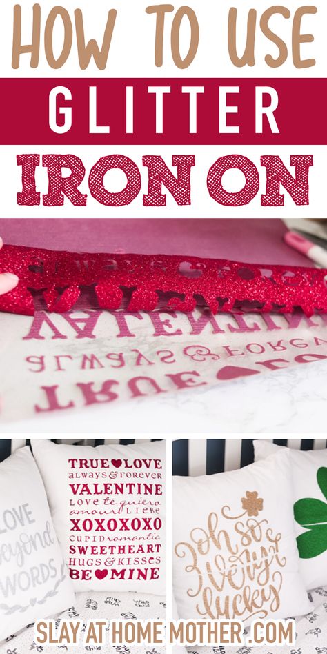 Learn how to cut, weed, and apply glitter iron-on vinyl with this simple tutorial, complete with Design Space screenshots and a free design - plus, make your own pillow covers for about $7! #slayathomemother #ironon #cricutcrafts #cricutcreated #cricutmade #vinyl Glitter Vinyl Projects, Glitter Htv Ideas, How To Remove Iron On Vinyl From Shirt, Iron On Vinyl Projects, Cricut Glitter Iron On, Cricut Pillows, Htv Crafts, Everyday Iron On Cricut Tutorial, Heat Transfer Vinyl Tutorial