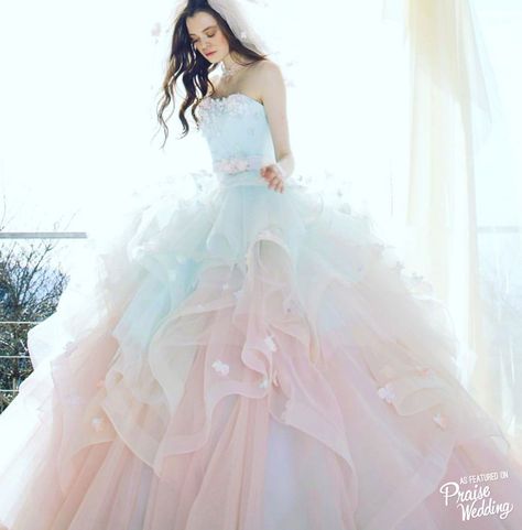 When pink meets blue adorned with sweet floral details, the result is this… Pastel Wedding Dresses, Fest Outfits, 파티 드레스, Pink Wedding Dresses, Pastel Wedding, A Wedding Dress, Fairytale Dress, Quince Dresses, Colored Wedding Dresses