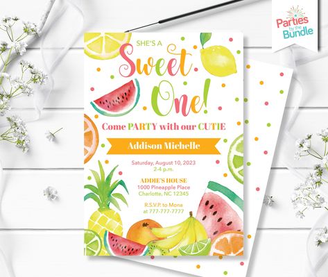 Fruit Birthday Party Invitation, Sweet One 1st Birthday, Tropical Summer Girl Birthday Fruit Party Invite, Watermelon Party Tropical Fruit Party, Tutti Frutti Party, Fruit Birthday Party, Fruit Birthday, Summer Party Invitations, Watermelon Party, Fruit Party, Two Sweet, Tropical Summer