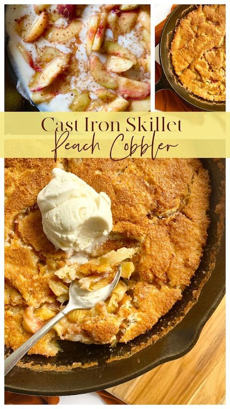 Cast Iron Skillet Peach Cobbler...an easy, dump & mix cobbler filled with juicy, syrupy peaches! Peach Cobbler Dump Cake Cast Iron, Peach Cobbler Easy In Cast Iron Skillet, Skillet Cobbler Recipes, Peach Cobbler Grill, Cast Iron Skillet Peach Cobbler Recipe, Peach Cobbler Cast Iron Skillet Fresh Peaches, Peach Cast Iron Dessert, Best Peach Cobbler Recipe Ever, Peach Cobbler Skillet Recipe