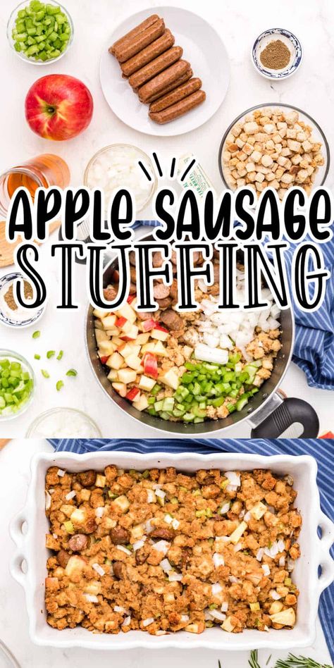 Sausage Apple Stuffing is the perfect easy stuffing recipe. Loaded with fall flavors of apples, apple cider, onion, celery and maple sausage, this sausage stuffing is the perfect side dish. You can use this easy homemade stuffing recipe as a side dish for dinner or for stuffing a turkey. Stuffing Recipe With Sausage, Sausage Apple Stuffing, Apple Sausage Stuffing, Homemade Stuffing Recipes, Best Stuffing Recipe, Apple Stuffing, Maple Sausage, Easy Stuffing Recipe, Thanksgiving Side Dishes Easy