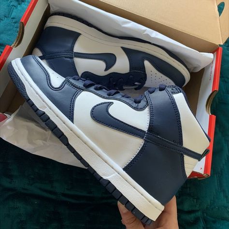 Navy High Top Dunks! Dunks Shoes High Top, Navy Blue Dunks, High Top Nike Dunks, Dunks High Top, Levi Shoes, High Top Nikes, High Top Dunks, White Nike High Tops, High Dunks