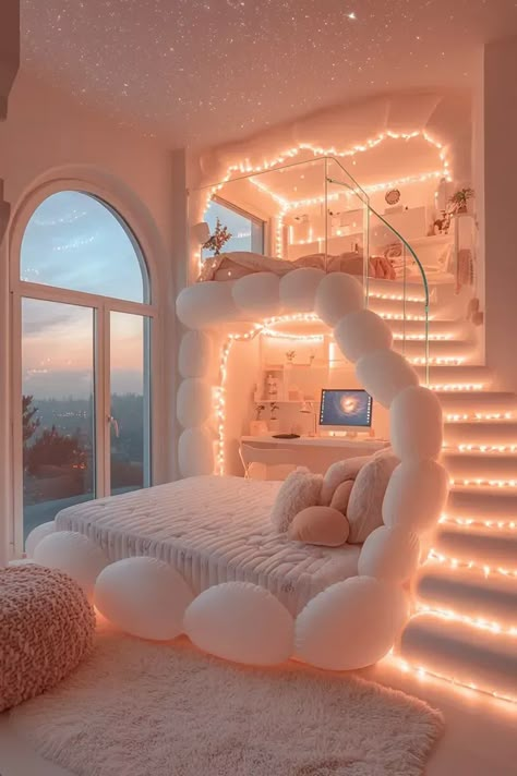 Big Cute Bedroom, Cozy Cute Room Aesthetic, Cozy Spot In Bedroom, Dream Bedrooms For Teens, Cute Cozy Bedroom Aesthetic, Cozy Room Decor Bedroom Aesthetic, 2 Story Bedroom Ideas, Aesthetic Cozy Room Decor, Cloud Lights Bedroom