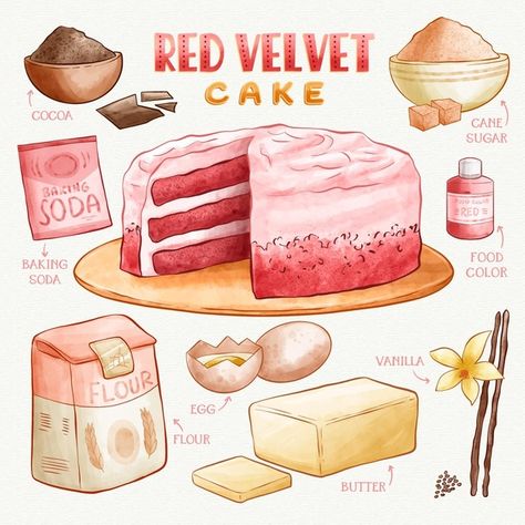 Red velvet cake delicious watercolour re... | Free Vector #Freepik #freevector #watercolor #food #cake #red Recipe Book Diy, Homemade Cookbook, Cake Delicious, Recipe Drawing, Food Doodles, 귀여운 음식 그림, Food Infographic, Cute Baking, Glass Coaster