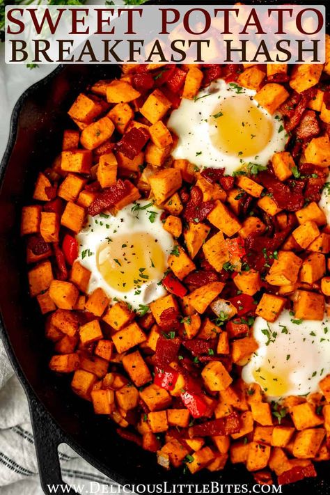 Sweet Potato Breakfast Hash is a hearty meal full of sweet and savory flavors. Crispy bacon, fried eggs, sweet potatoes, onions and peppers make this dish an irresistible one-pan meal to be enjoyed anytime of the day. Sweet Potatoes Hashbrowns, Breakfast Sweet Potato Recipes, Sweet Potato Stir Fry Recipes, Potatoes Onions And Peppers, Breakfast Sweet Potato, Potato And Egg Breakfast, Sweet Potato Bacon, Bistro Box, Sweet Potato Breakfast Hash