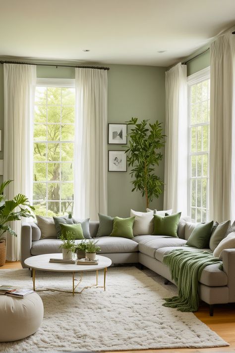 Den House Ideas, Calm Sitting Room Ideas, Green Apartment Aesthetic Living Room, Green House Paint Interior, Tan And Green Living Room Ideas, Earthy Neutrals Living Room, Light Green Walls Living Room Decor, Build In Living Room, Home Flooring Ideas Living Room