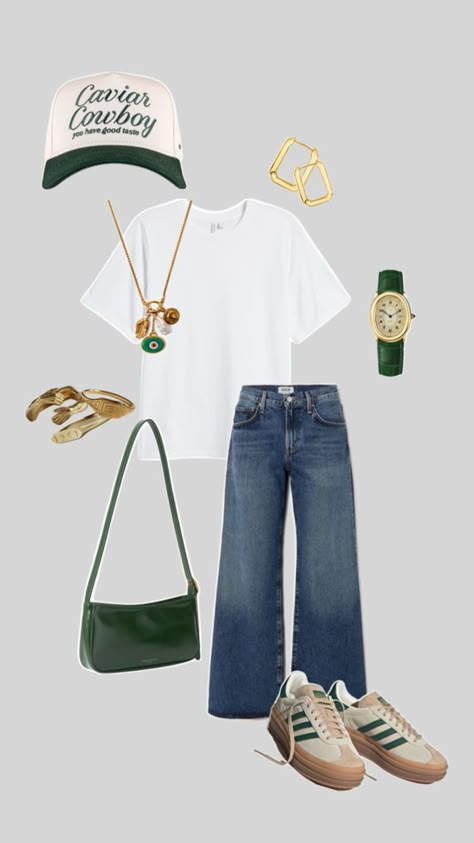 elevated white tee - gold jewelry - green watch - green purse - green sambas - green adidas shoes - caviar cowboy hat - running errands outfit - casual chic - trucker hat #ootd #outfitoftheday #casualchic #casualoutfit #greenhat #greendetails Casual Green Outfit, Green Sambas, Caviar Cowboy, Hat Outfit Fall, Trucker Hat Outfit, Running Errands Outfit, Errands Outfit, Samba Outfit, Green Adidas