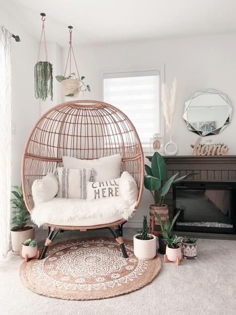 Egg Chair Corner Decor, Hammock Chair In Living Room, Relaxing Corner Ideas Spaces, Egg Chair Corner, Relaxing Room Ideas Zen, Chill Room Ideas Lounges, Egg Chair Bedroom, Egg Chair Living Room, Small Cozy Corner