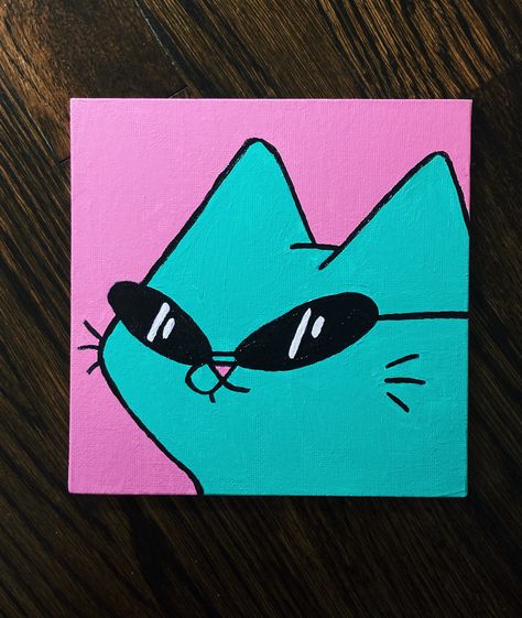 Small Painting Ideas Mini Canvas Cartoon, Mini Canvas Cat Painting, Simple Fun Paintings, Funny Small Paintings, Cat Painting Easy, Easy Canvas Painting For Beginners, Cartoon Paintings, Paint Splatter Art, Diy Canvas Art Easy