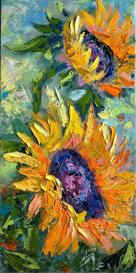 Vertical sunflowers painting, original textured oil painting on canvas by Olena Leus. Vertical painting is a great decor, it doesn't need so many time as square or horizontal painting and it is easier to implement it in your interior. #sunflowerspainting #ukrianianart Large selection of textured painting, impasto painting Sunflowers Painting, Contemporary Art Canvas, Arte Van Gogh, Texture Painting On Canvas, Teal Background, 수채화 그림, Impasto Painting, Sunflower Painting, Sunflower Art