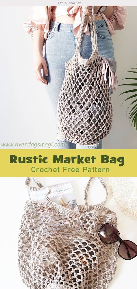 Rustic Market Bag Crochet Free Pattern Market Bag Crochet, Tote Crochet, Crochet Shell Stitch, Crochet Bag Pattern Free, Bag Pattern Free, Crochet Market Bag, Market Bags, Crochet Bags Purses, Crochet Free