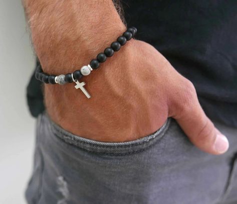 Mens Christian Gifts, Mens Cross Bracelet, Mens Bracelet Designs, Catholic Bracelet, Faith Bracelet, Christian Bracelets, Stainless Steel Cross Pendant, Prayer Bracelet, Beads Bracelet Design