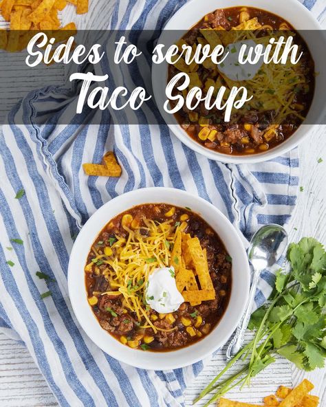 Here are 15 of the best side dishes to serve with your soup on a chilly day. From cornbread, to veggies, to quesadillas and more! Taco Soup Sides, Taco Soup Sides Dishes, Sides For Taco Soup, What To Serve With Taco Soup, Sides With Tacos, Taco Side Dishes, Mexican Meals, Comfort Food Recipes Dinners, Slow Cooker Dinner