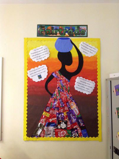 Each class created a display to celebrate Fairtrade fortnight. Africa Display Classroom, Africa Bulletin Board Ideas, Fairtrade Activities, African Art For Kids, Fairtrade Fortnight, Classroom Display Boards, Chocolate Display, Display Boards For School, Teaching Displays