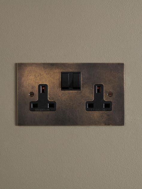 Brass Plug Sockets, Brass Sockets, Plug Sockets, Devol Kitchens, Light Switches, Oxidized Brass, Plug Socket, Toggle Switch, Extension Cable