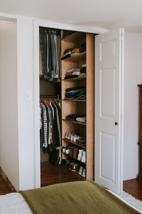 4 Day Closet Makeover - A quick DIY organizational transformation by Nadine Stay. Small walk in closet styling inspiration and shelf organization. DIY wood cabinet shelf in closet. Before and after closet reveal! Brown and hunter green closet with tone on tone wood inspiration. | Nadine Stay #closetmakeover #DIYcloset #DIYshelf #closetreveal #closetbeforeandafter #beforeandafter #bedroomideas #bedroomcloset #closet Double Bifold Doors, Home Closet Organization, Tall Closet, Bed Alternatives, Closet Styling, Nadine Stay, How To Install Baseboards, Bifold Doors Makeover, Pretty Closets