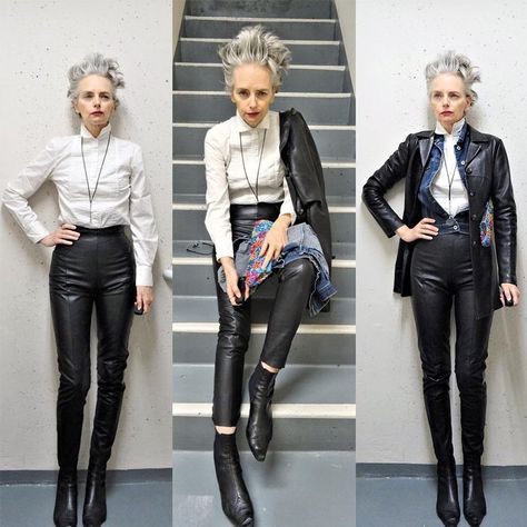 Melanie is wearing white long sleeves over black leather jacket and leather trousers with black pointed boots | fashion over 40 | 40plusstyle Rock Style Fashion Women, Modern Punk Fashion, Punk Fashion Women, Rock Chic Outfits, Edgy Outfits For Women, Rocker Chic Outfit, Rock Chick Style, Punk Chic, Pointed Boots