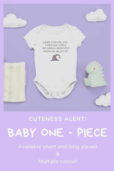 A cute baby one-piece for baby girls, with a famous quote from the lotr movie (A baby is never late), with a little purple wizard hat with little yellow stars on it Nerd Baby, Movie Lover, Baby One Piece, Baby Clothing, Movie Quotes, Onesies, Baby Onesies